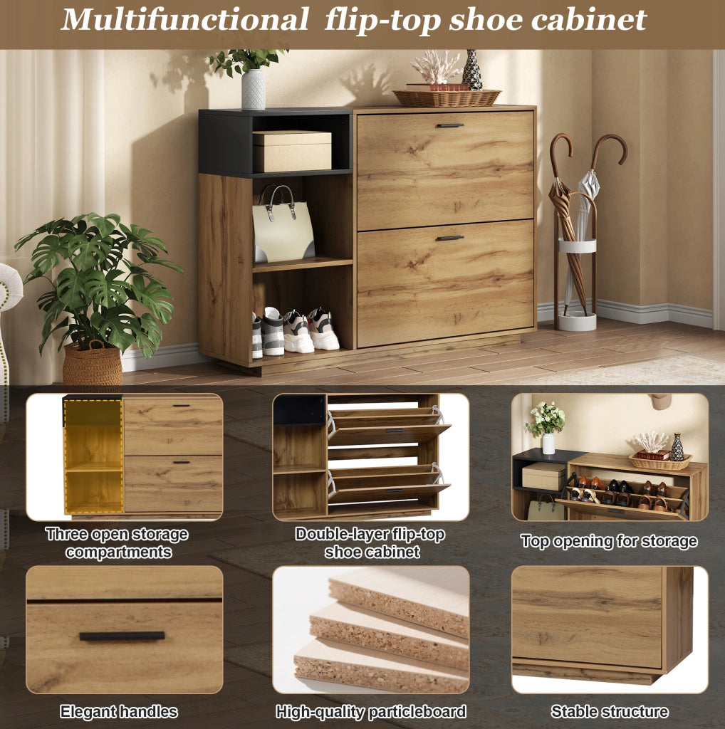Mobile portascarpe 120x32x84;5 cm in MDF; con 3 vani aperti e 2 vani a ribalta; naturale