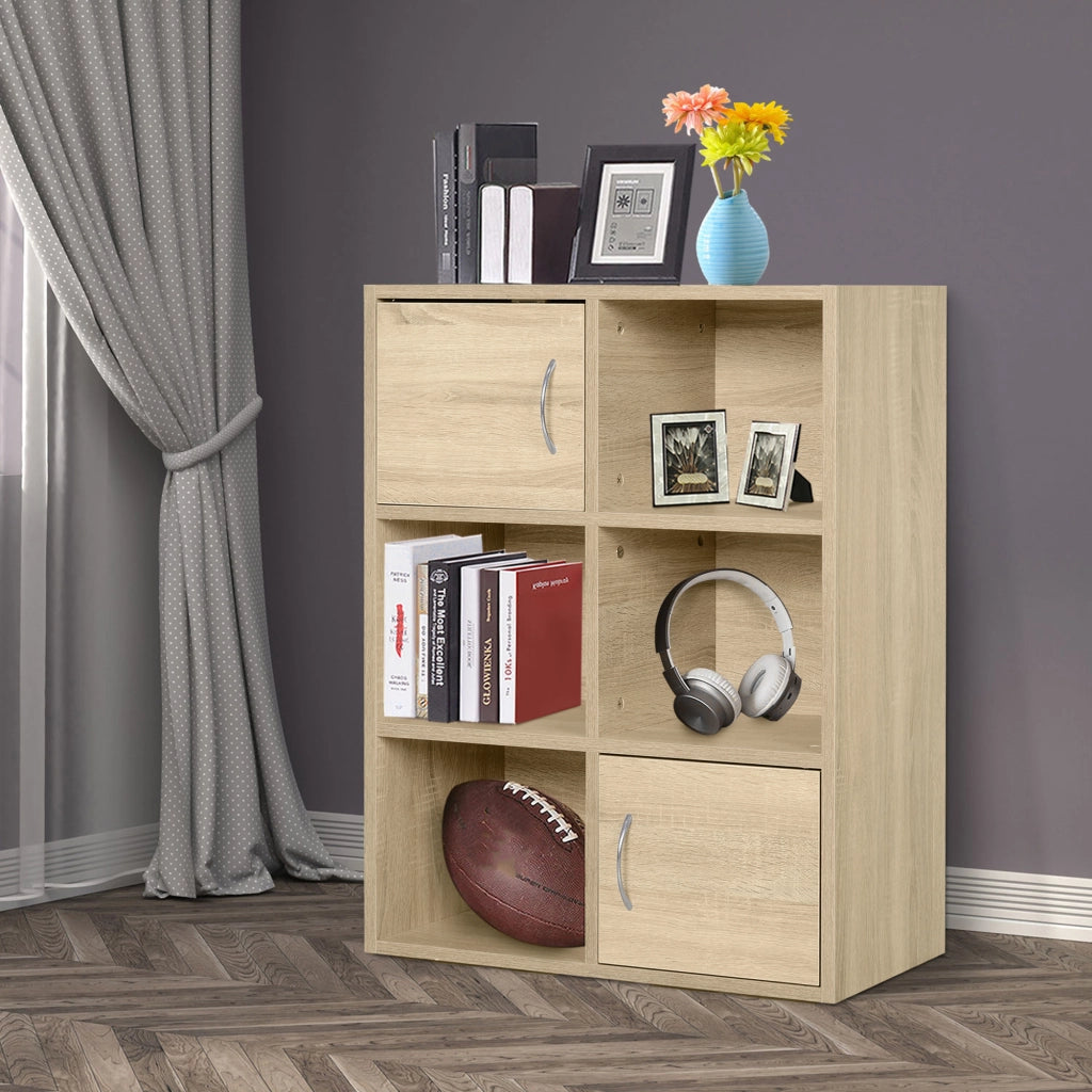 Libreria Scaffale in Legno, Mobiletto Multiuso con 3 Ripiani 4 Scompartimenti e 2 ante, 61.5x29.5x80cm