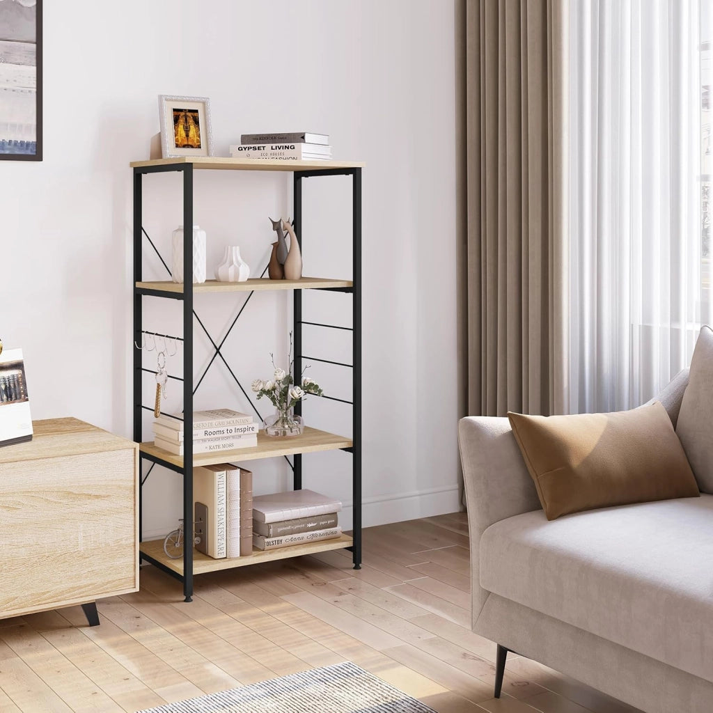 Scaffale per Cucina Carrello Porta Microonde Forno a 4 Ripiani con Ganci in Acciaio Legno