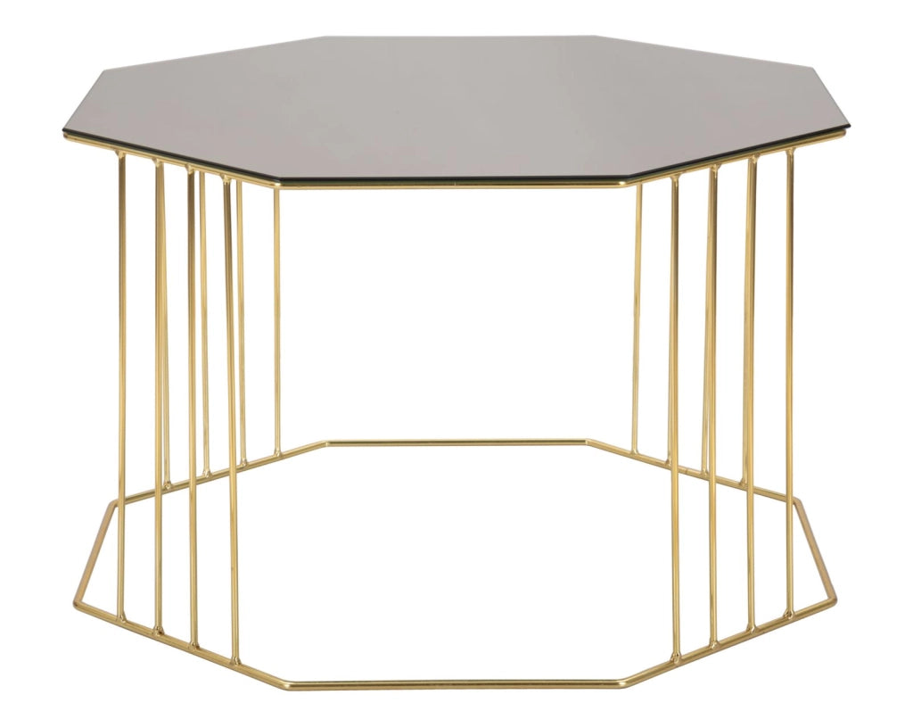 Tavolino in metallo dorato, piano in vetro fumè 70x70x45cm Octagonal