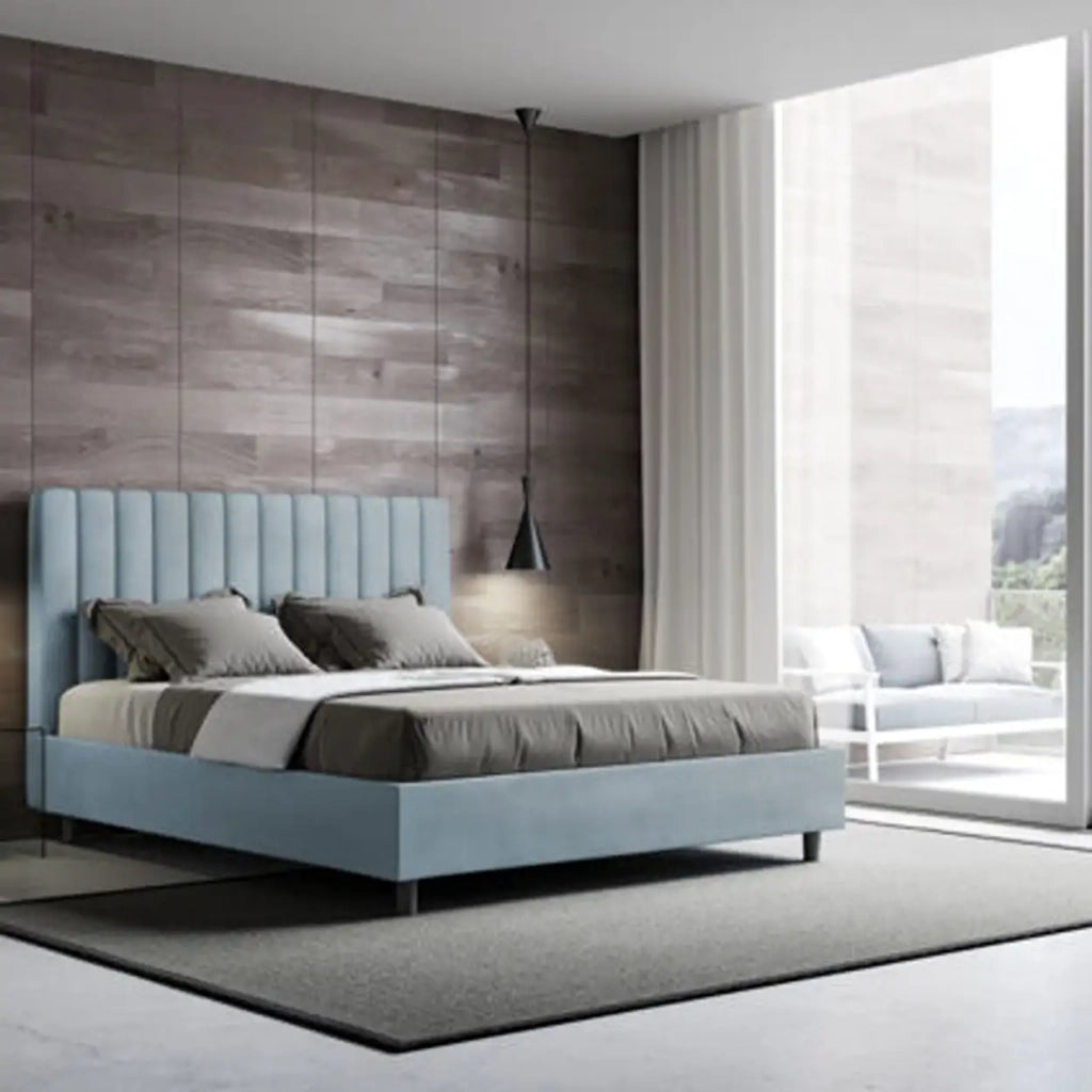 Letto matrimoniale francese contenitore imbottito 140x200 microfibra azzurro Agueda