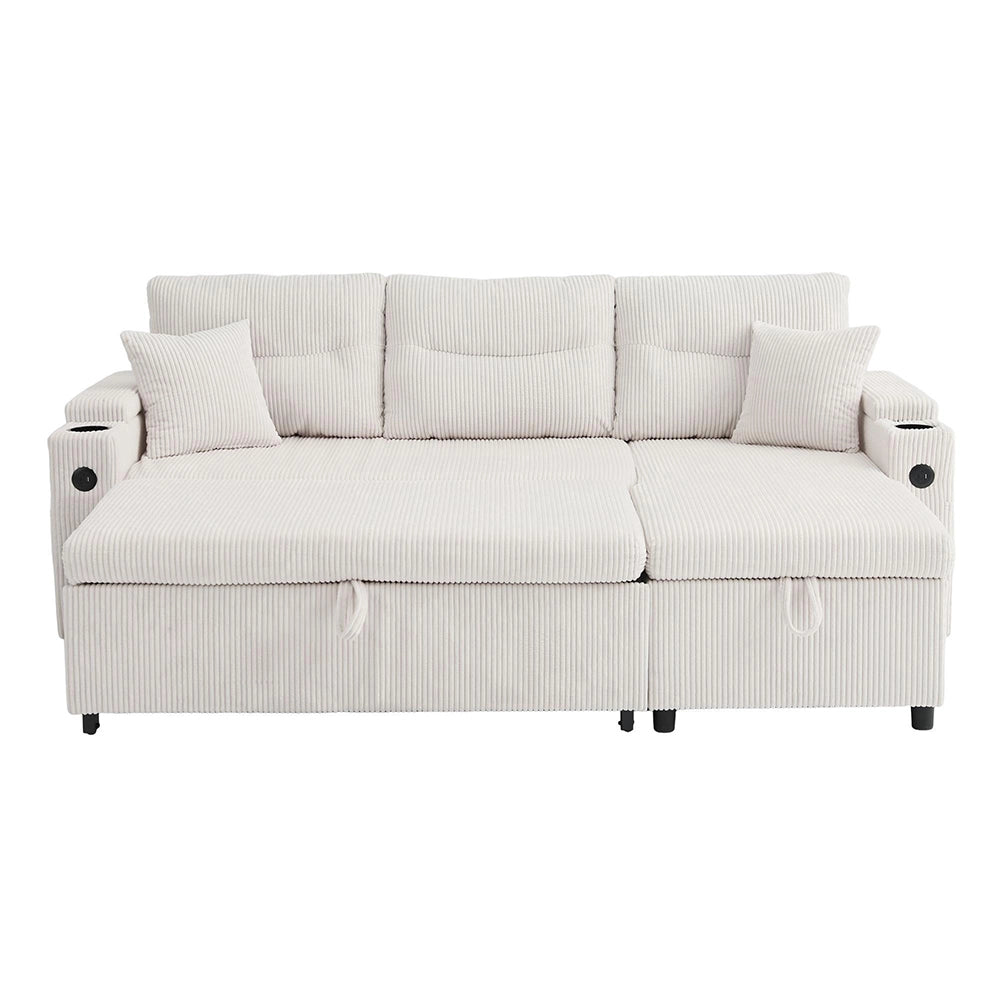 Divano moderno 3 posti - Xylo - Velluto costato, spazio di archiviazione, porta bevande, USB-C, chaise longue idraulica, letto a cassetto