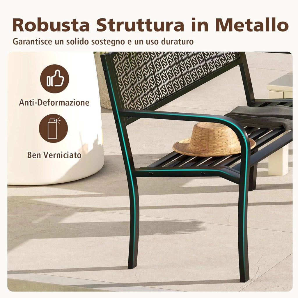 Panca da Esterno 2-3 Posti 128 cm, Panca in Metallo con Braccioli Curvi e Schienale alla Moda, Panchina Moderna in Metallo per Parco, Cortile e Giardino (Nero, 128 x 60 x 86.5 cm)