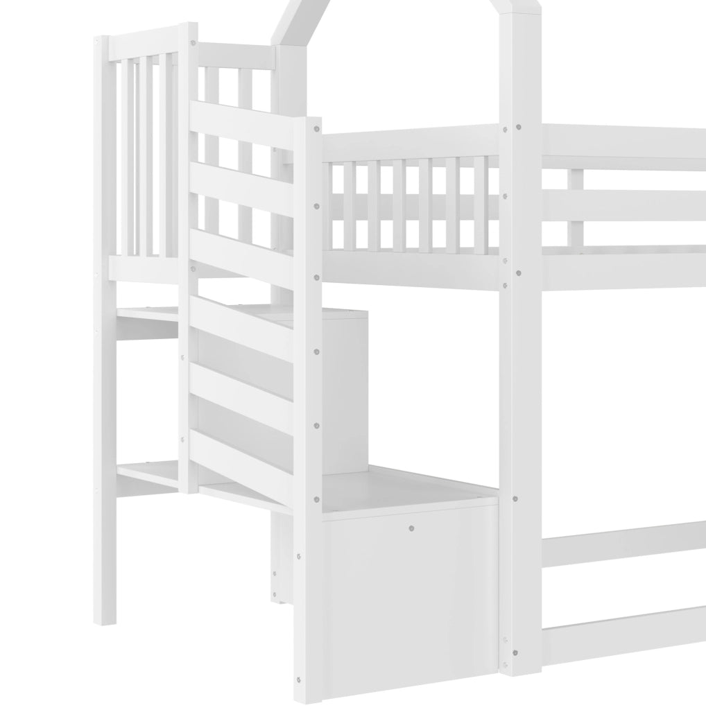 Letto a castello per bambini con scala contenitore; scivolo e sponde; 90x200 cm; pino e MDF; bianco