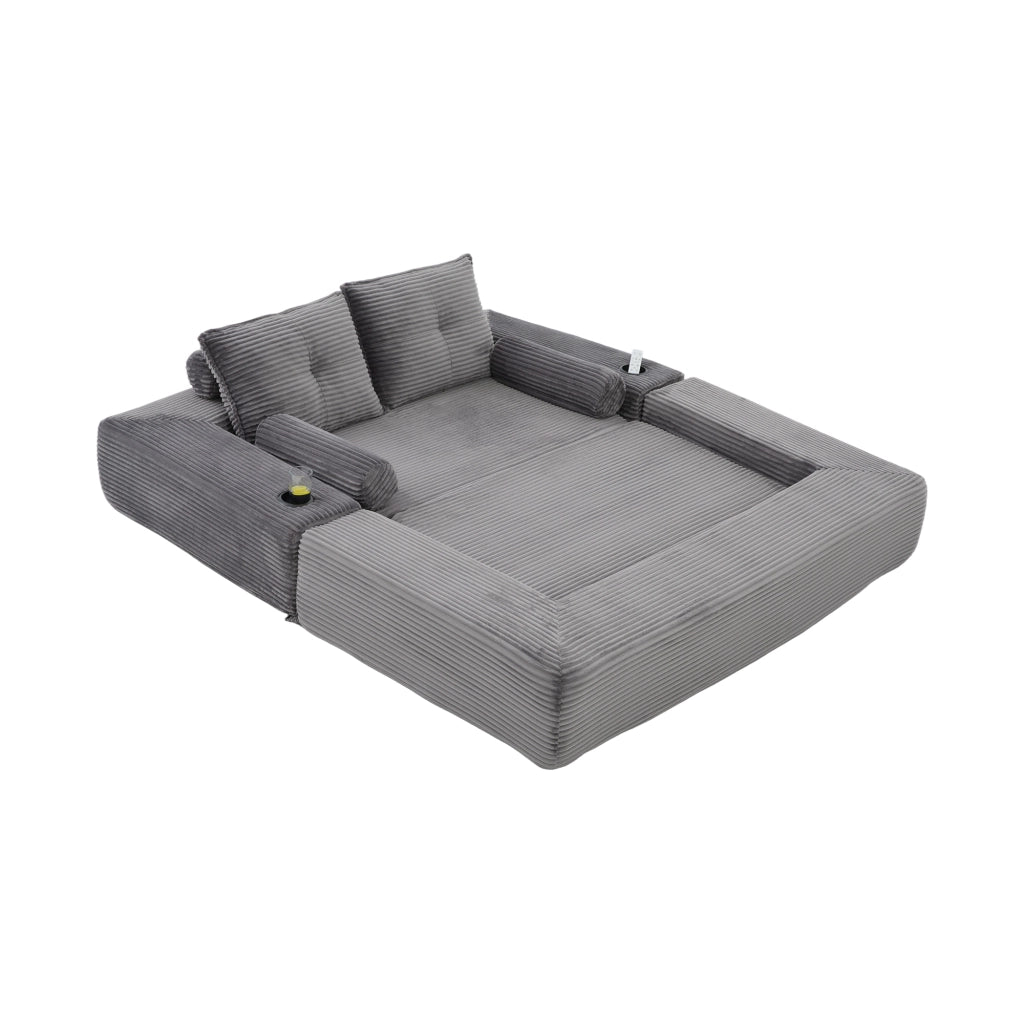 Divano letto modulare in corduroy a 2 posti, con cuscini Memory, tasche laterali e portabicchieri, grigio scuro