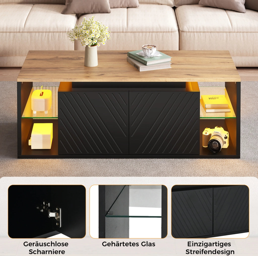 TAVOLINO da caffè 100x50x41 cm Nero con LED e ripiani semiaperti