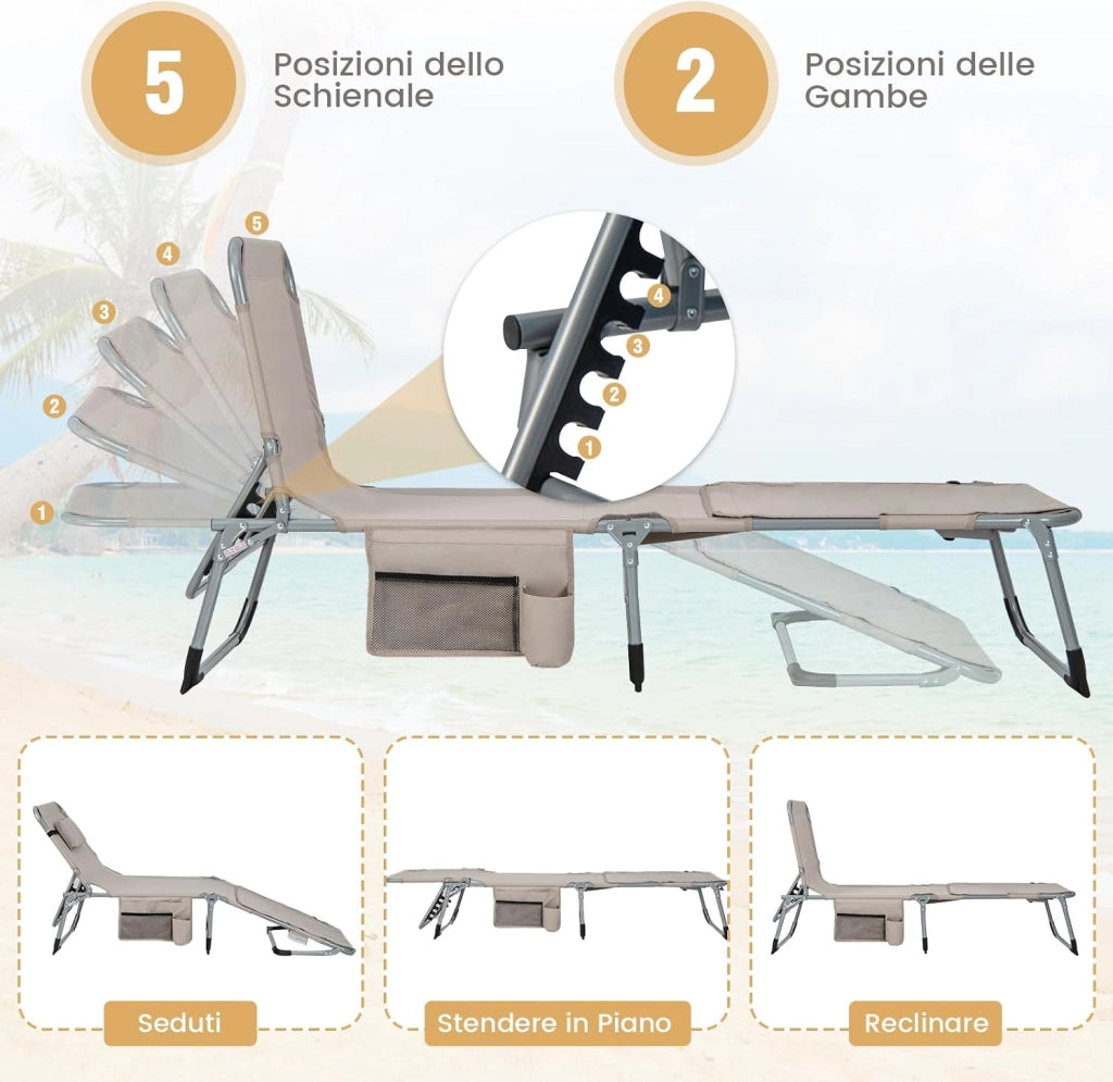 Lettino Prendisole Pieghevole Portatile, Lettino da Spiaggia con Fori per Viso e Braccia, Cuscino Poggiatesta e Tasca, Schienale Regolabile, per Mare e Piscina, Portata 180 kg (Grigio)