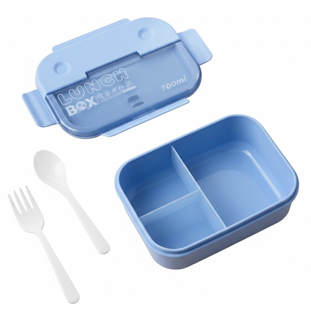 Contenitore per alimenti da 700 ml a 3 scomparti con cucchiaio e forchetta Blu Cheffinger