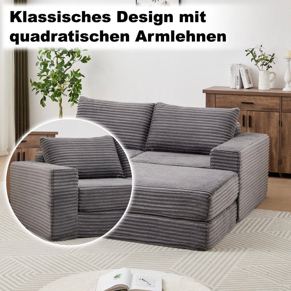 Divano letto modulare in corduroy con pouf removibile, braccioli quadrati e configurazione flessibile, grigio