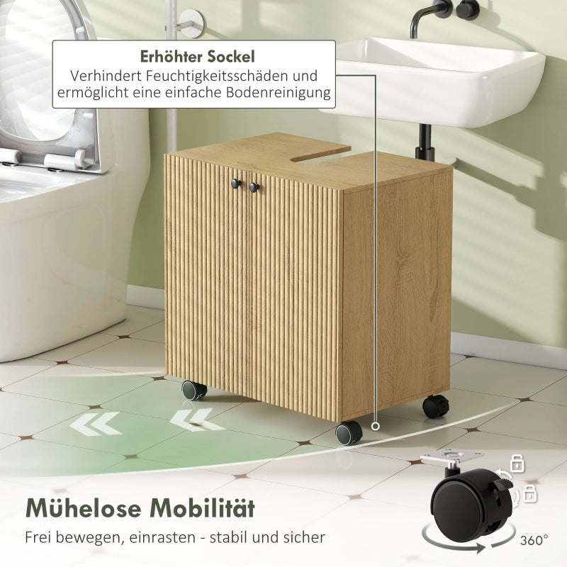 Mobiletto da bagno con ripiani a 3 livelli, ruote e struttura in legno.