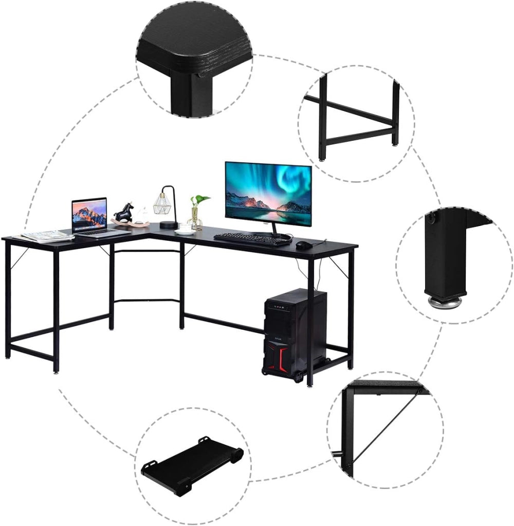 Scrivania da Lavoro a Forma di L, 168x125x74cm,Tavolo per Computer, Piedi Regolabili, Gambe in Metallo, per Studio, Ufficio e Camera da Letto, Portata di 100kg, Nero