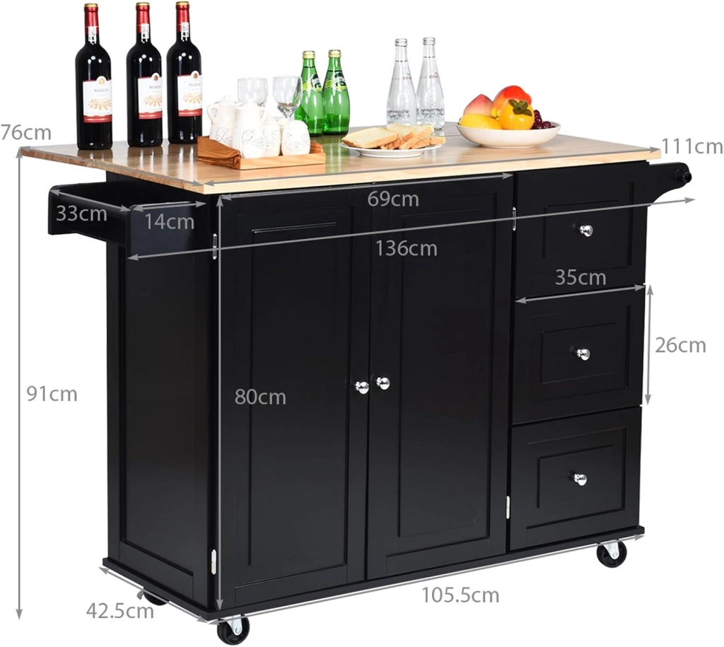 Carrello da Cucina in Legno, Credenza Cucina Salvaspazio con Mensole Regolabili, Armadietto per Microonde con Cassetti, 136 x 76 x 91 cm (Nero)