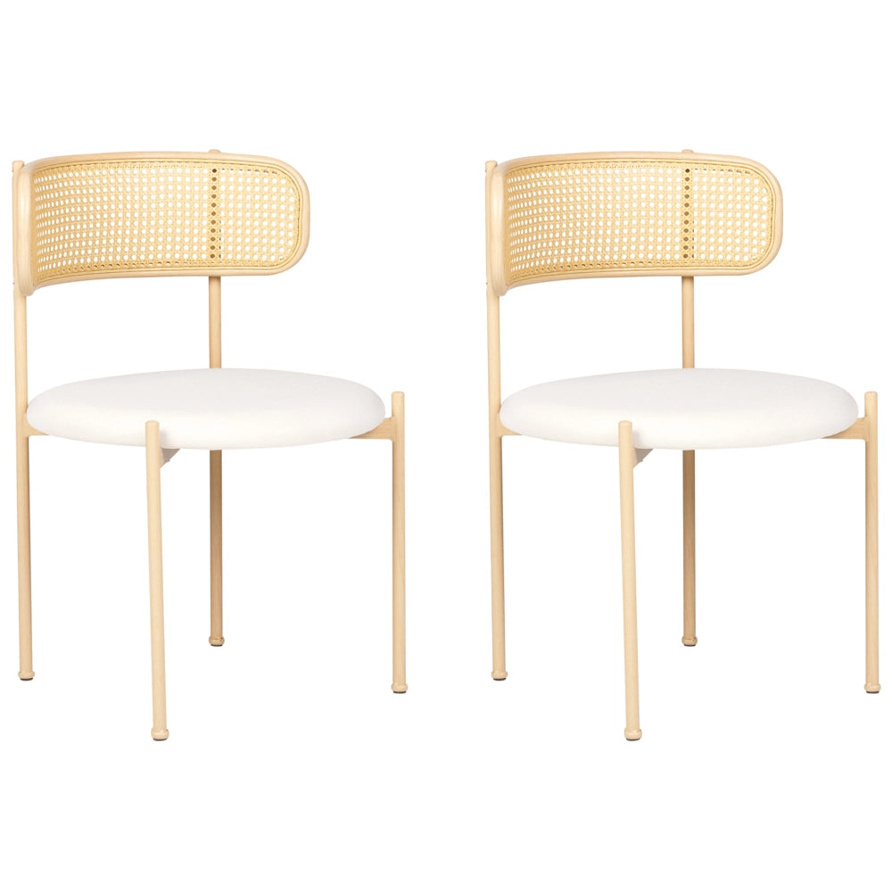 Set di 2 sedie da salotto con seduta in tessuto beige e struttura in metallo con effetto legno chiaro treccia viennese stile retrò soggiorno