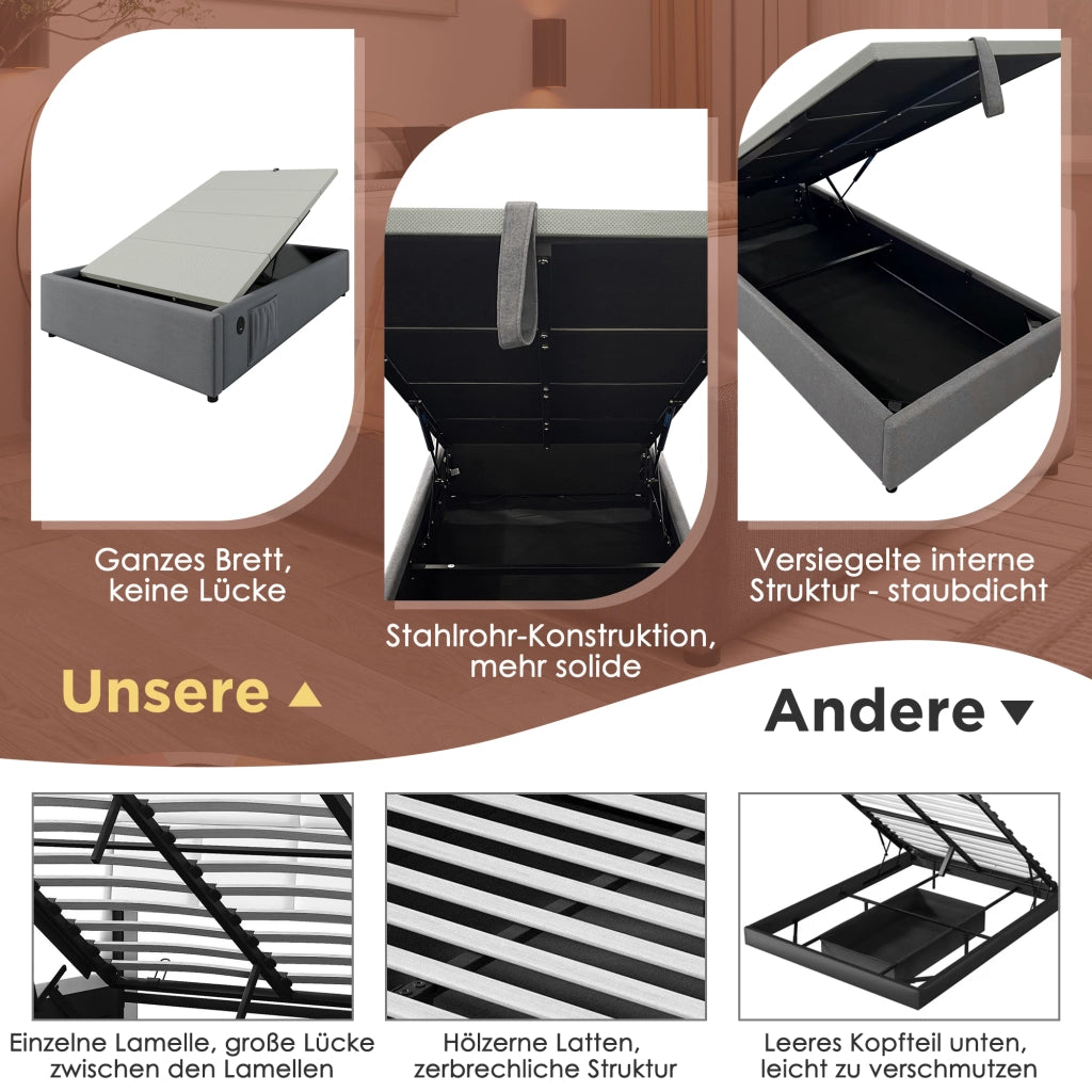 LETTO Contenitore 90x190 cm Grigio con USB e Type-C