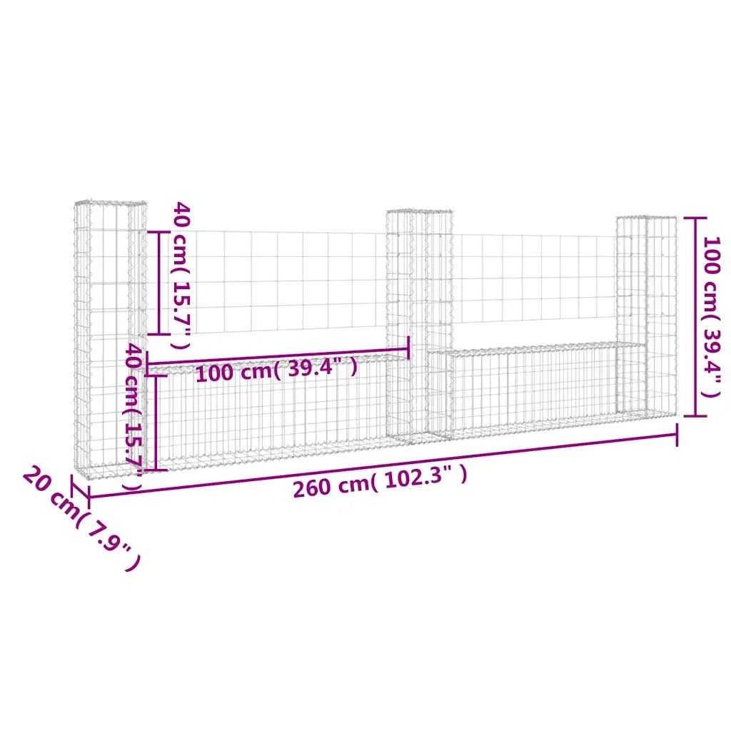 Cesto Gabbione a U con 3 Pali in Ferro 260x20x100 cm 151276