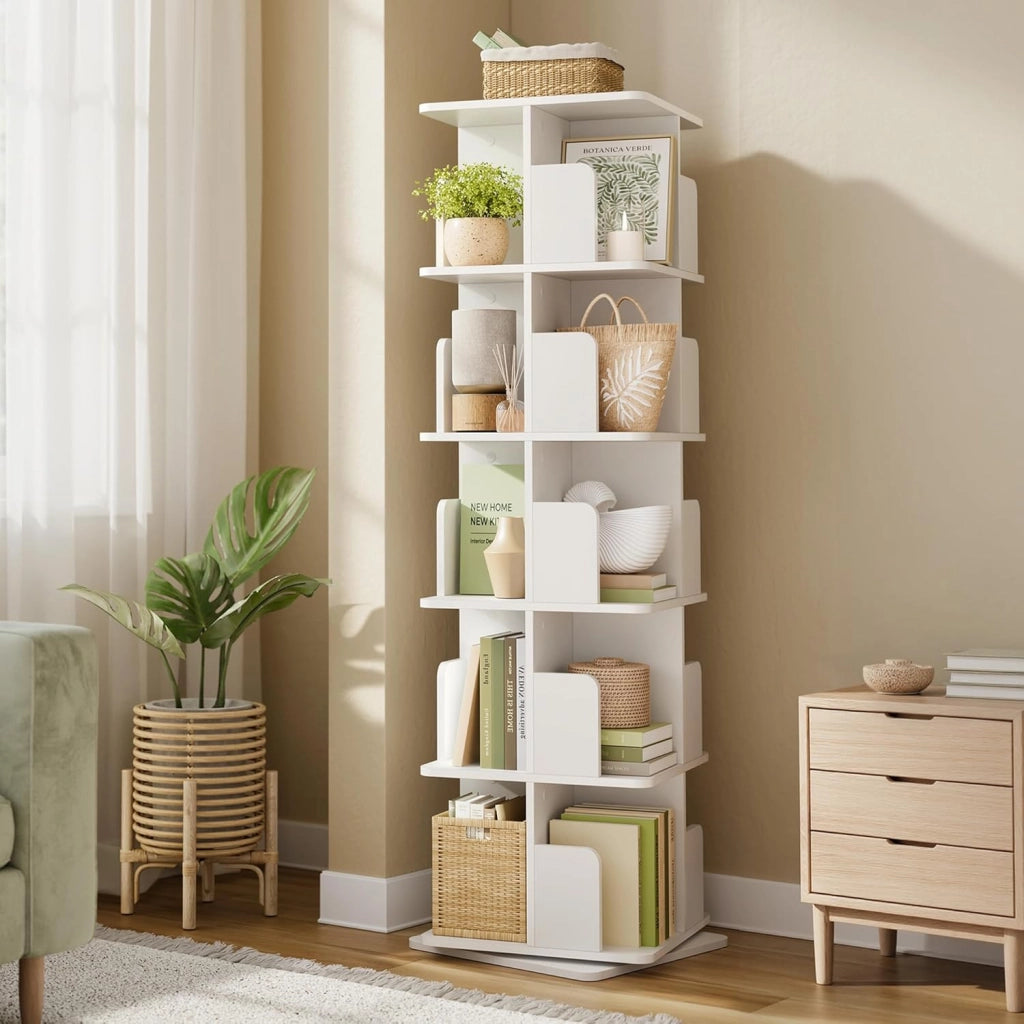 Libreria Girevole a 5 Livelli, Libreria Alta e Stretta, Scaffale d'Angolo a Pavimento, Scaffale Girevole per Libri, Rovere Chiaro