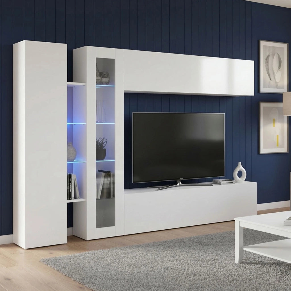 Parete attrezzata Annie, Set salotto porta TV a 4 ante, Mobile soggiorno multiuso, 100% Made in Italy, cm 280x30x180, Bianco lucido