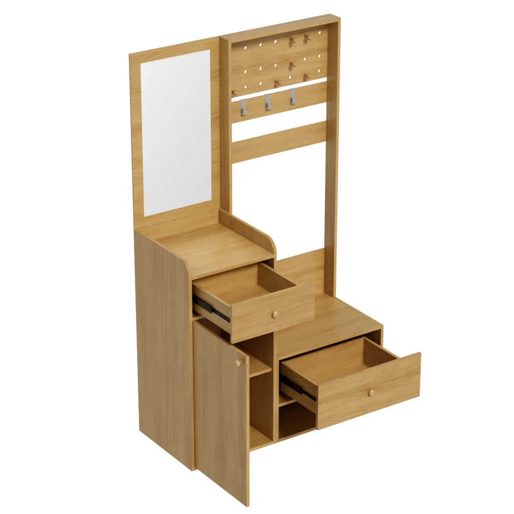 Mobile da ingresso con specchio, 2 cassetti, 1 armadietto e ripiani aperti, in truciolato legno