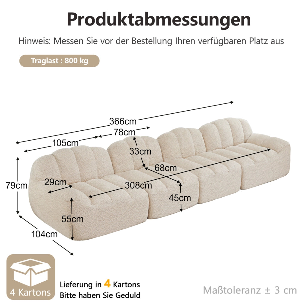 Divano angolare modulare senza struttura 366x104x79 cm in fleece granulare beige bianco