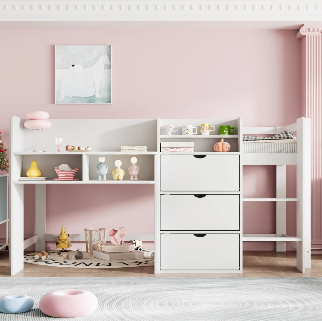 Letto a soppalco 90x200 cm con spazio contenitore in pino bianco