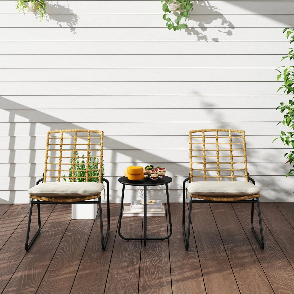 Set da giardino bistrot a 3 pezzi: 2 poltrone in rattan + tavolo in metallo; cuscini; beige e marrone