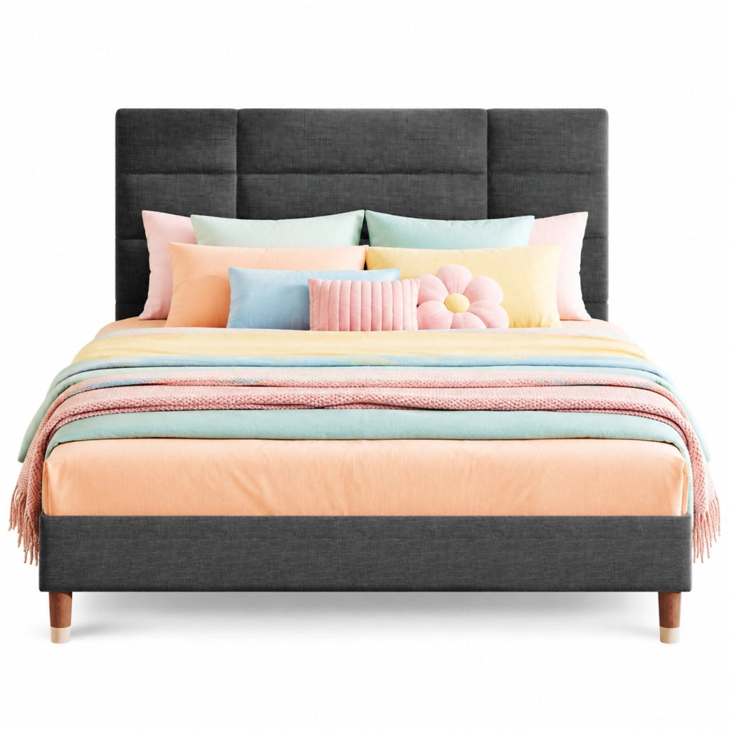 Letto imbottito matrimoniale 140x200 cm con rete a doghe, testiera in lino grigio, struttura salvaspazio per adulti e ragazzi