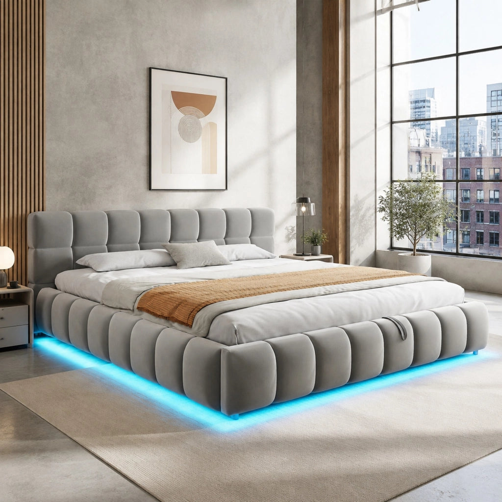 Letto matrimoniale imbottito 180x200 cm con LED e contenitore