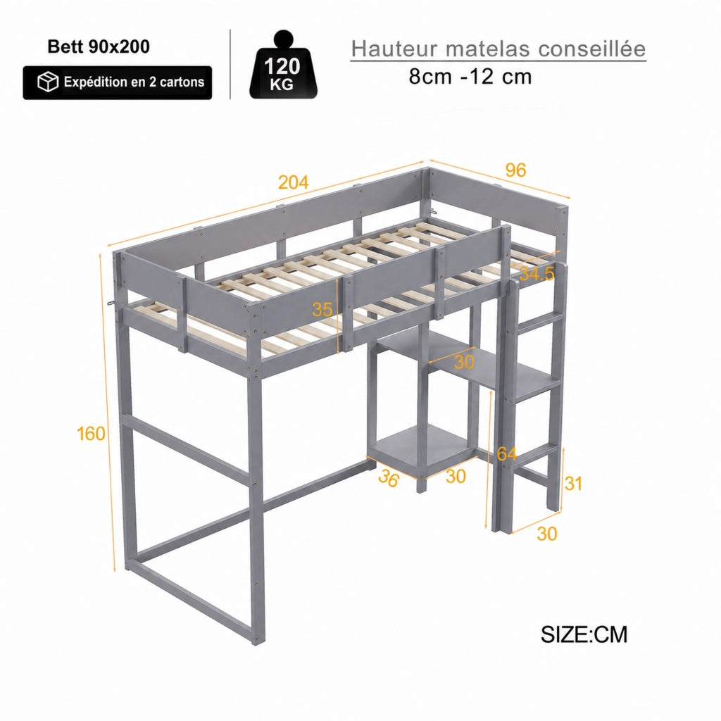 Letto a soppalco per bambini 90 × 200 cm con ripiano e barriere di sicurezza, senza materasso, in legno grigio