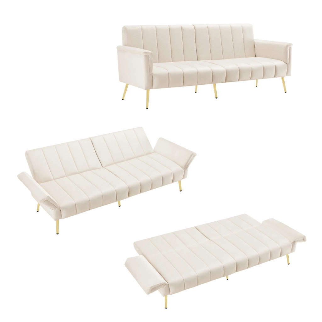 Divano letto convertibile con schienale e braccioli regolabili, gambe in metallo in velluto beige 183 × 76 × 75 cm