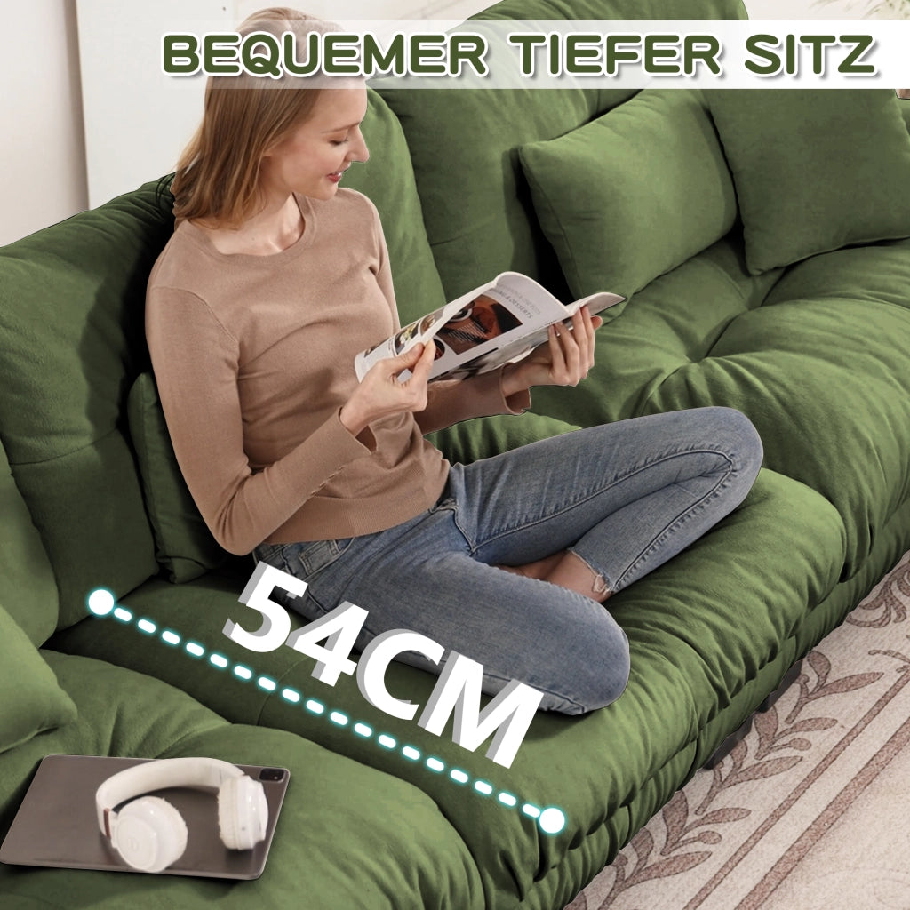 Divano modulare angolare a U con seduta profonda e pouf mobili, in ciniglia verde 313 × 145 × 81 cm