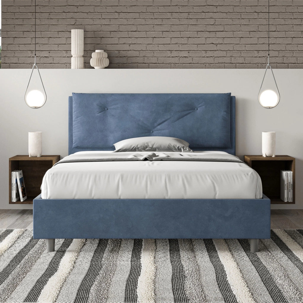 BS COM Letto matrimoniale francese senza rete imbottito 140x200 microfibra blu Large