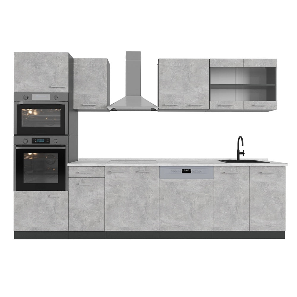 Cucina componibile R-Line Calcestruzzo/Antracite 300 cm con armadio alto, PL Marmo Vicco
