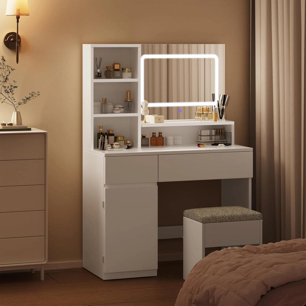 Toeletta Trucco con Specchio, Luci LED Regolabili, Ripiani Regolabili con 2 Cassetti，Postazione Trucco,Tavolo da Toilette Moderno in Legno Bianco