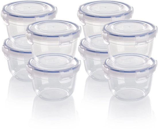 Contenitori di plastica per alimenti, set di 8 contenitori con coperchio, rotondi, stivellabili, resistenti alle cadute, magnetron e lavastoviglie.