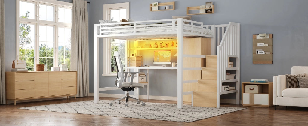 DESMIU Letto a soppalco 140 × 200 cm 2 posti con scrivania, armadio, ripiano e LED, senza materasso, bianco