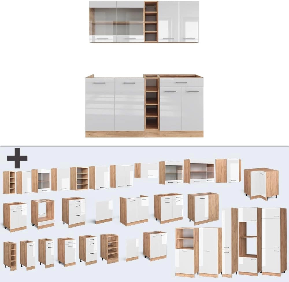 Cucina completa R-Line, Bianco lucido/oro power oak, 160 cm, PL Marmo, adatto per combinazioni ed espansioni personalizzate