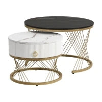 Tavolini Rotondi Modulari in Marmo Sintetico, con Dettagli Dorati e Cassetto, Dimensioni 70x70x45 cm e 50x50x40 cm, Nero e Bianco