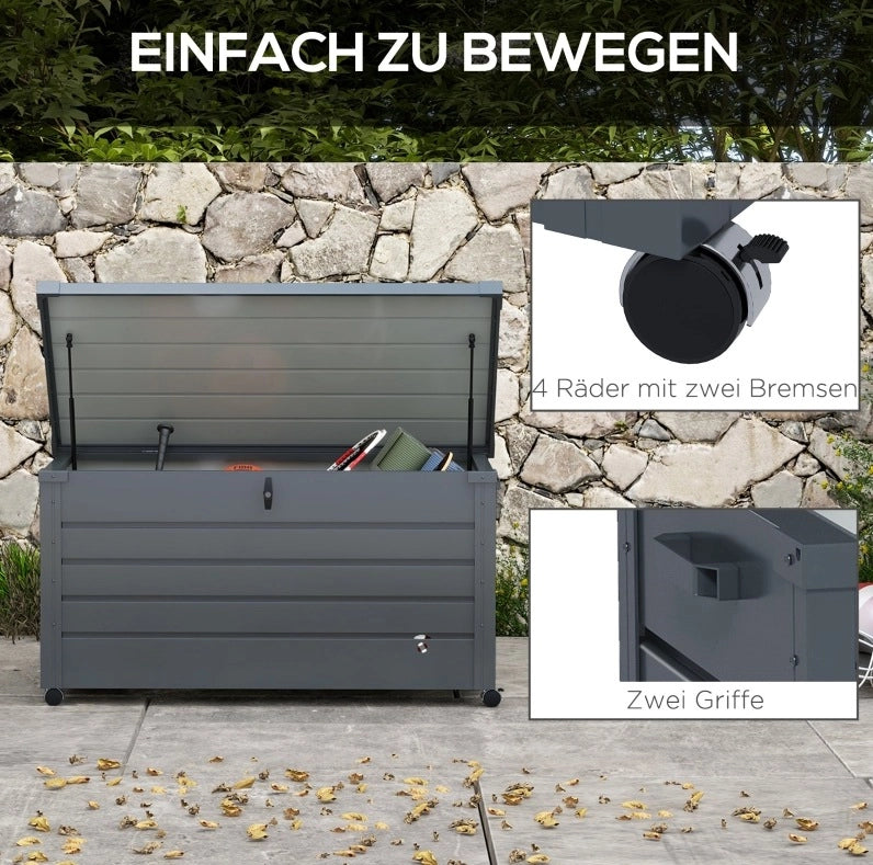 Box da giardino impermeabile in acciaio 311 L con ruote e coperchio chiudibile; grigio scuro