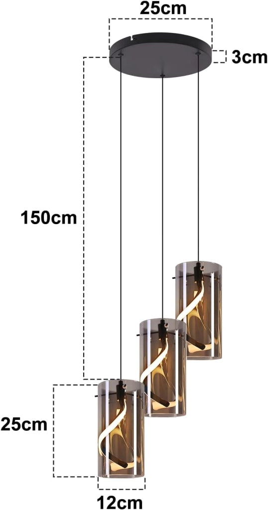 Lampada a sospensione ZMH LED 3 luci nera 150 cm 23 W altezza regolabile per soggiorno e camera da letto