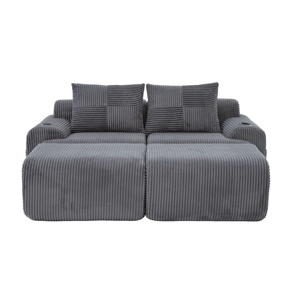 Divano modulare a 2 posti in corduroy grigio scuro; 200x174x80 cm; con portabicchieri e tasca laterale