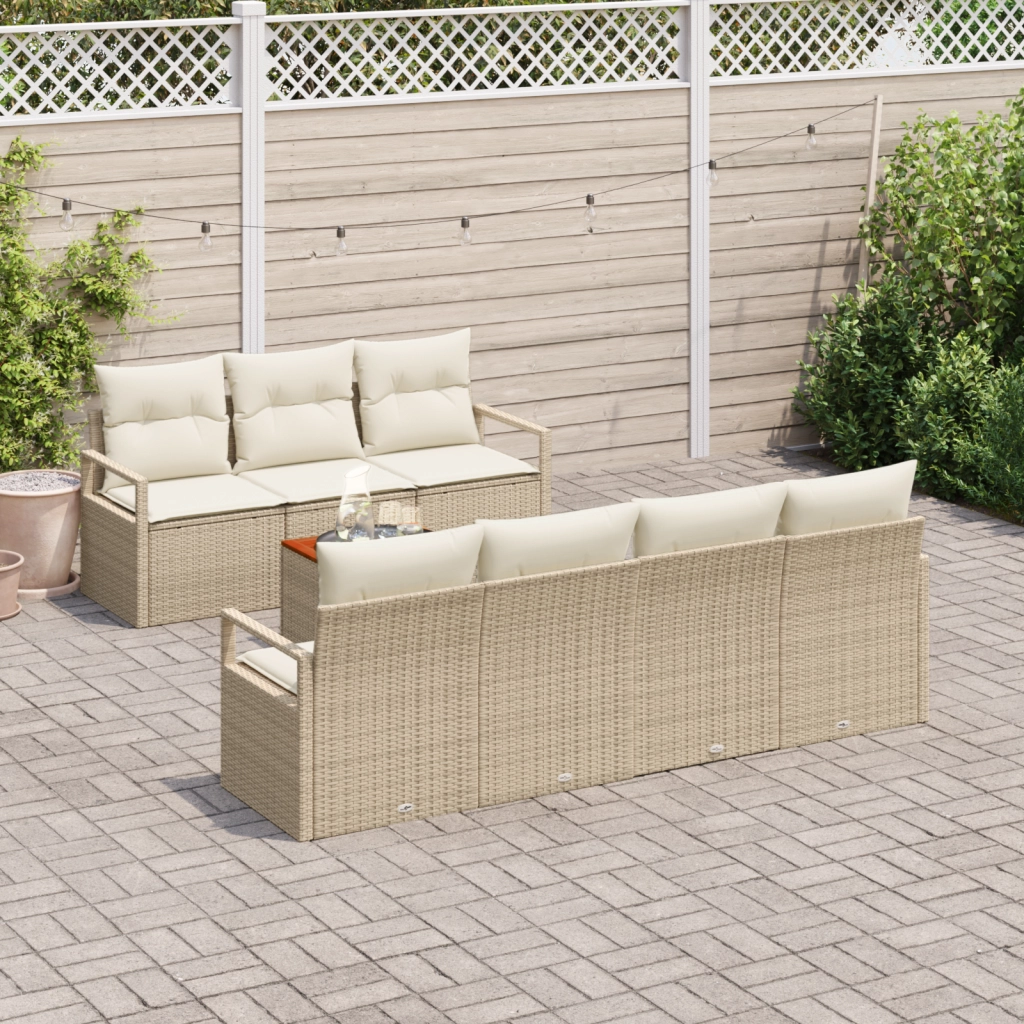 Set Divano da Giardino 8 Pezzi con Cuscini Beige Polyrattan Acacia