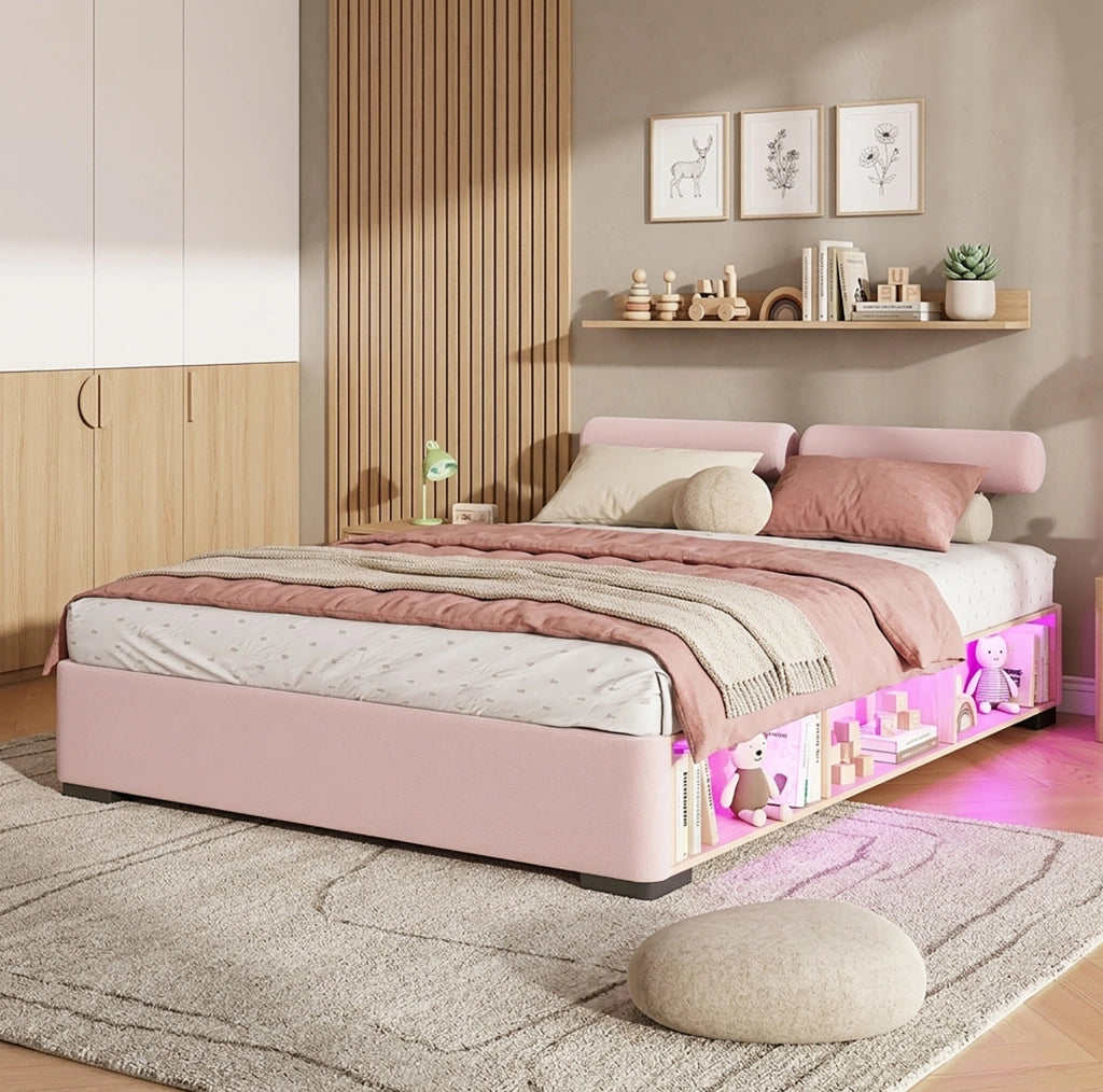 Letto imbottito per bambini rosa 140x200 cm con LED e ripiano