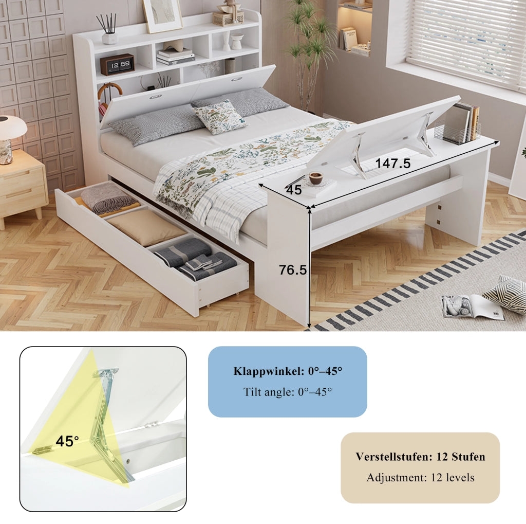 Letto singolo 140x200 cm con scrivania pieghevole e cassetto