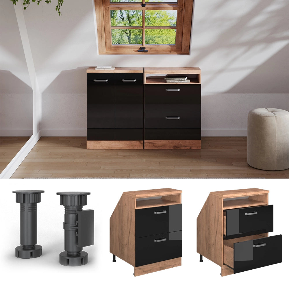 Mobile sottotetto Rion Nero lucido/Rovere dorato 60 x 83.8 cm con 2 cassetti, carcassa 60 cm profondità Vicco