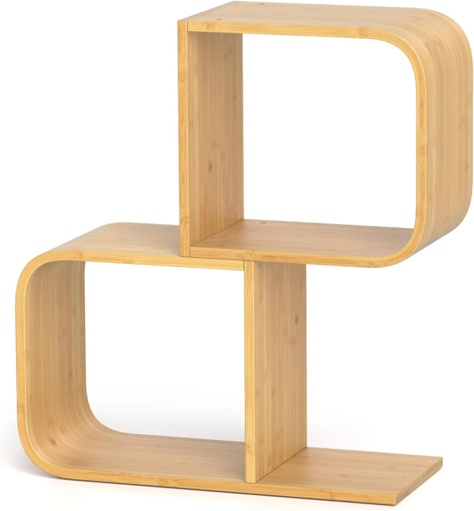 Libreria a Forma di S a 2 Cubi, in Bambù con Angoli Arrotondati e Dispositivo Anti-Ribaltamento, Scaffale Aperto per Soggiorno, Angolo e Camera da Letto (2 cubi)