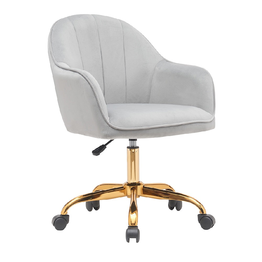 Sedia Poltrona Girevole Casa Ufficio in Velluto Grigio e Metallo Oro 5 ruote Elegante