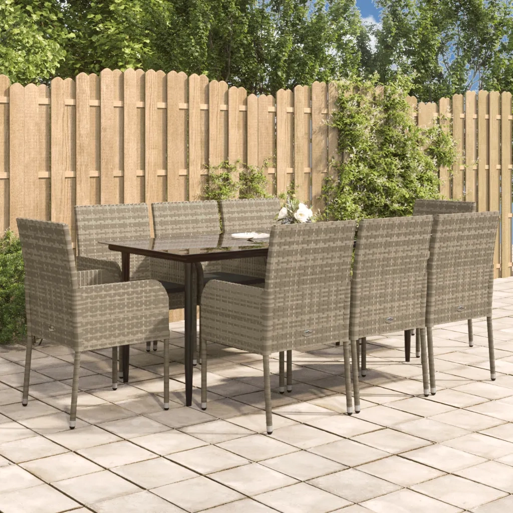 Set da Pranzo Giardino 9pz con Cuscini Nero e Grigio Polyrattancod mxl 69362