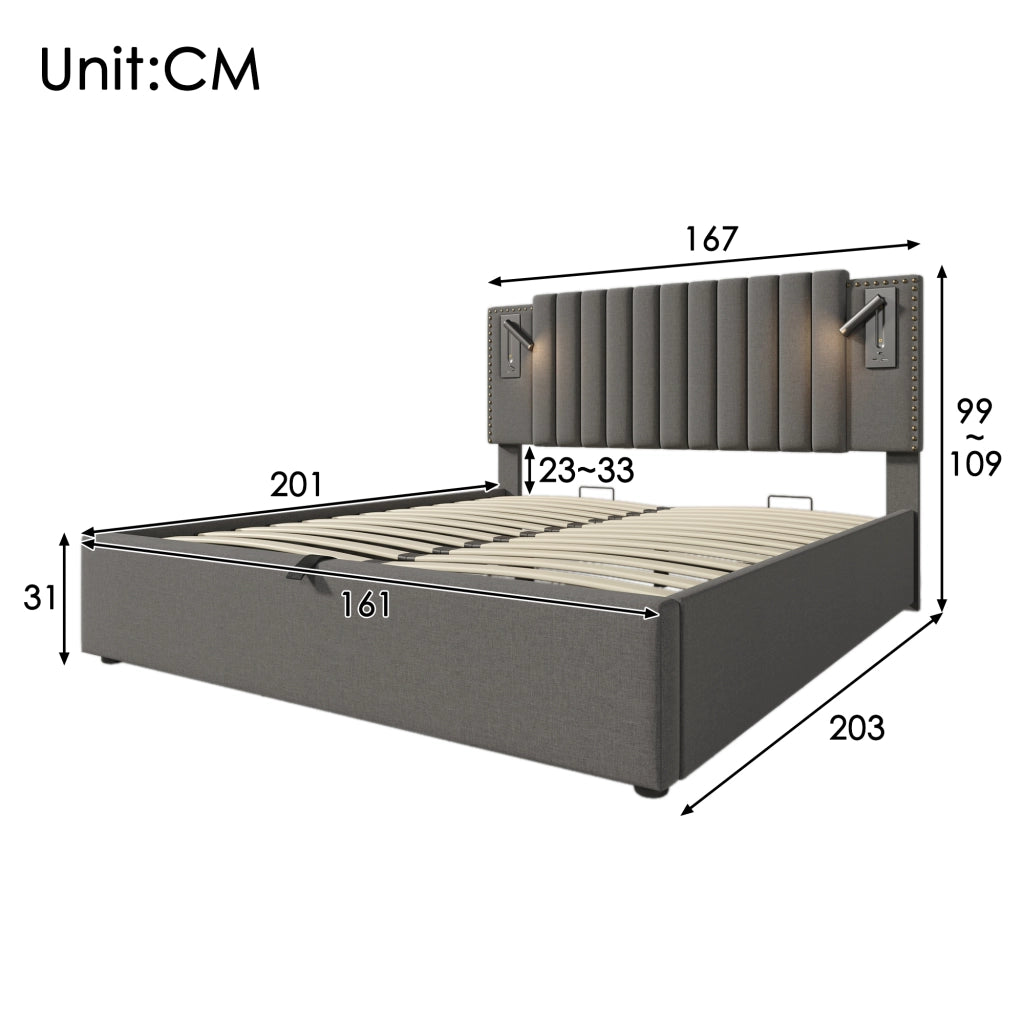 Letti contenitori 160x200 cm; testiera regolabile con luce e USB; cotone; grigio (Senza materasso)