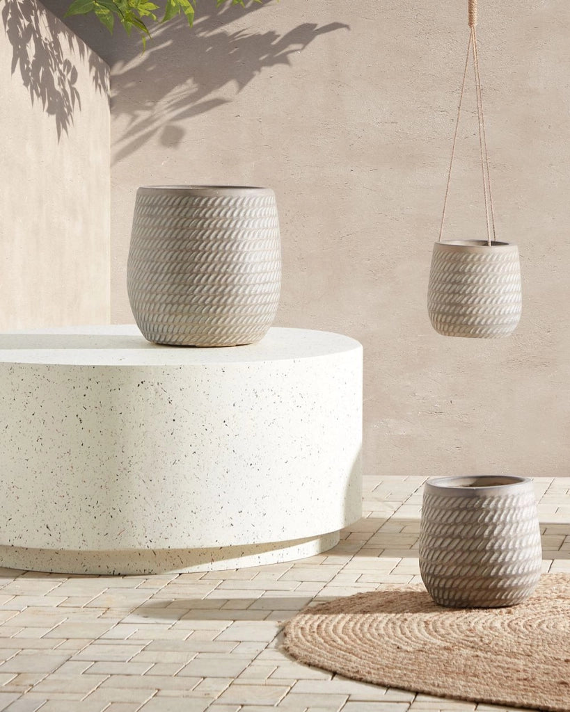 Vaso rotondo per piante in fibra di argilla con motivo in rilievo beige ⌀ 27 cm giardino terrazzo