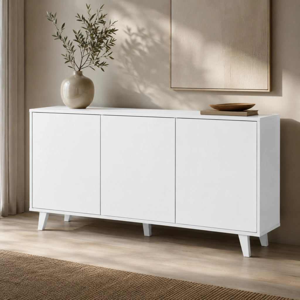 Mobile Contenitore Con 3 Ante Battenti Senza Maniglie Credenza In Melaminico Per Soggiorno Sala Da Pranzo E Ingresso 154 X 41 X 75 Cm Bianco